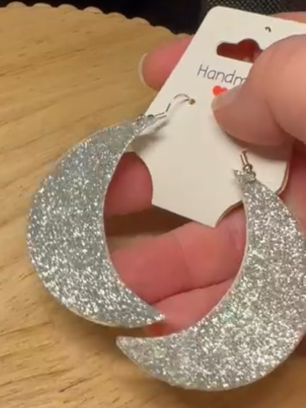 Handmade Silver Glitter Crescent Earrings